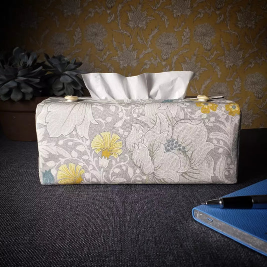 Rectangular Fabric Tissue Box Cover - Magnolia White & Grey