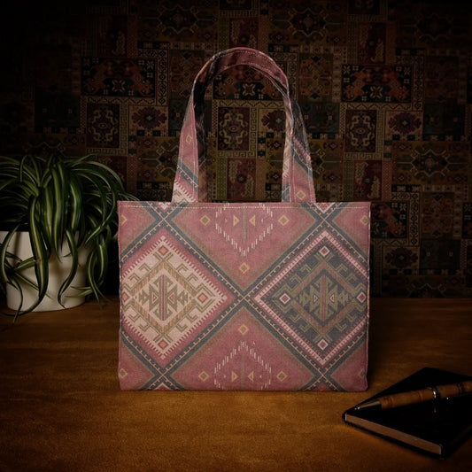 Mini tote bag with red, orange, and beige diamond kilim pattern sitting on a table with notepad, pen and plant