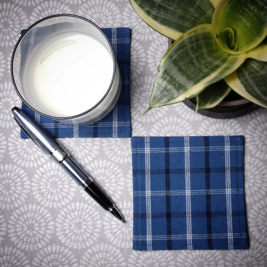 Square Fabric Coaster Set of 2 - Black, White, & Blue Plaid