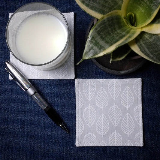 Square Fabric Coaster Set of 2 - White Leaves on Grey