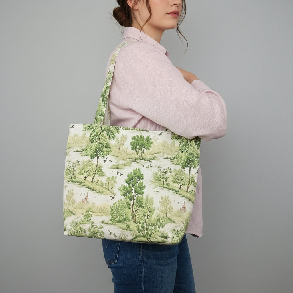 A young woman wearing a light pink shirt and blue jeans carries a handmade large cotton tote bag with a green and beige toile-style landscape print, standing in front of a light grey backdrop.