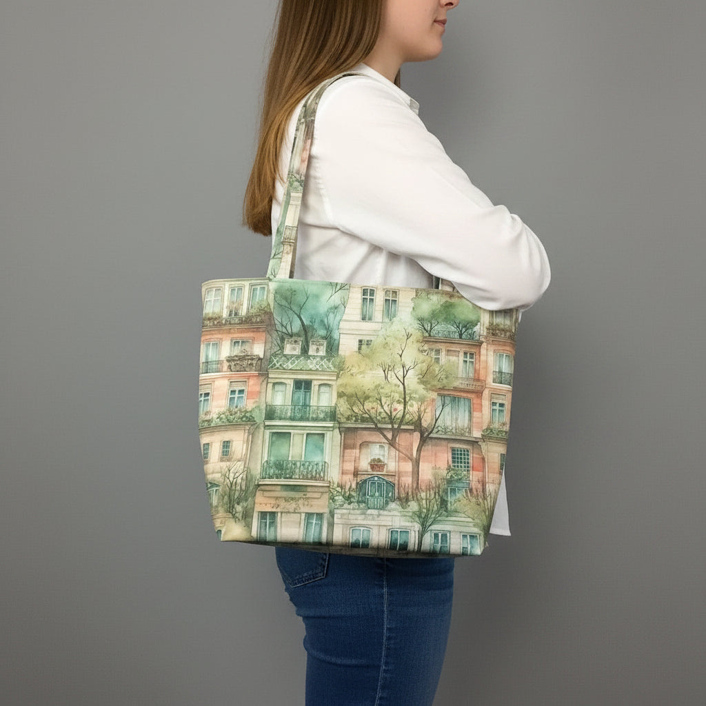 A young woman wearing a white shirt and blue jeans carries a handmade large cotton tote bag with a pastel European city building print against a light grey background.