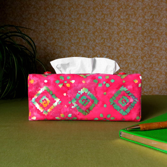 Rectangular Fabric Tissue Box Cover - Green Diamonds on Pink