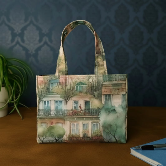 A handmade mini cotton tote bag featuring a vintage-style watercolour illustration of European townhouses