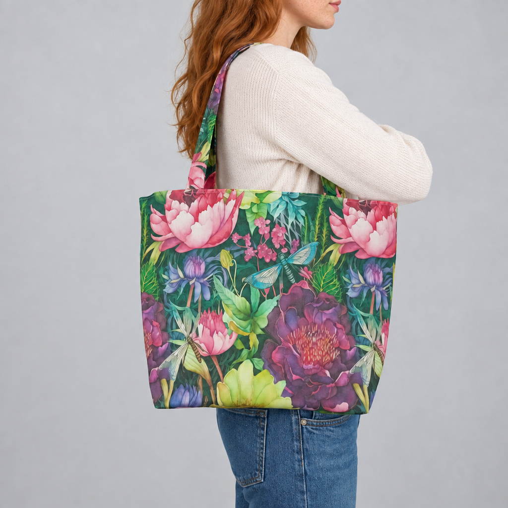 A young woman wearing a white shirt and blue jeans carries on her should a large handmade cotton tote bag with a vibrant multicolour floral print featuring pink, purple, and green flowers, with dragonflies.