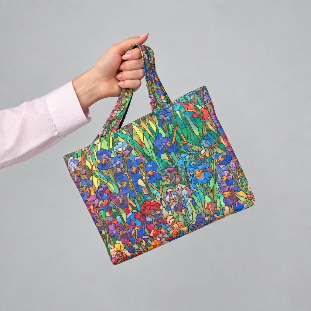 A hand holding a handmade mini cotton tote bag with a colourful floral print featuring blue and purple irises, red, and yellow flowers with green leaves, set against a plain light grey background.