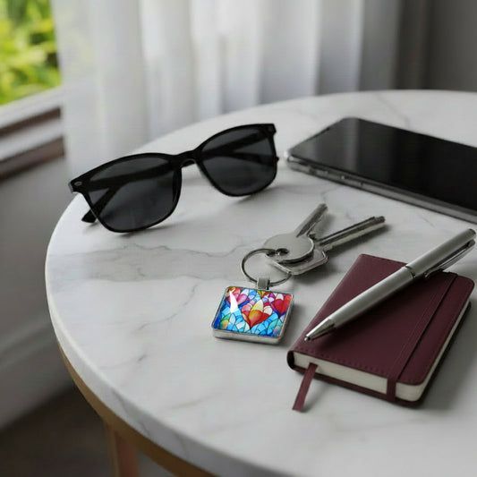 Keychain with a colourful design on a table