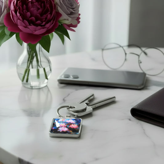 Keychain with floral design on a table with mobile phone, eyeglasses, and wallet