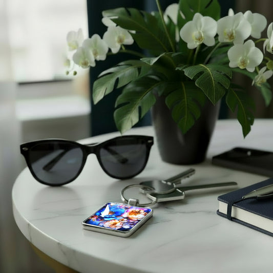Keychain with a colourful floral design on a table with sunglasses, notebook, pen, and mobile phone.