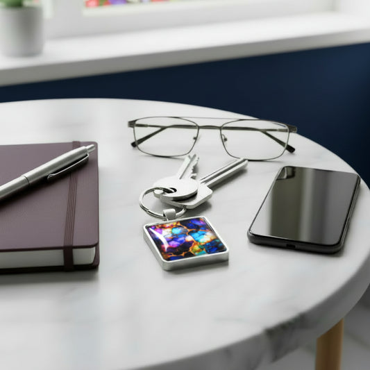 Keychain with colourful abstract design on a table with phone, notebook, pen, and glasses.