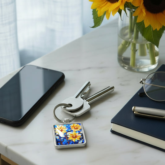Keychain with colourful sunflower design laying on a table with mobile phone, vase with flowers, and pen with notebook