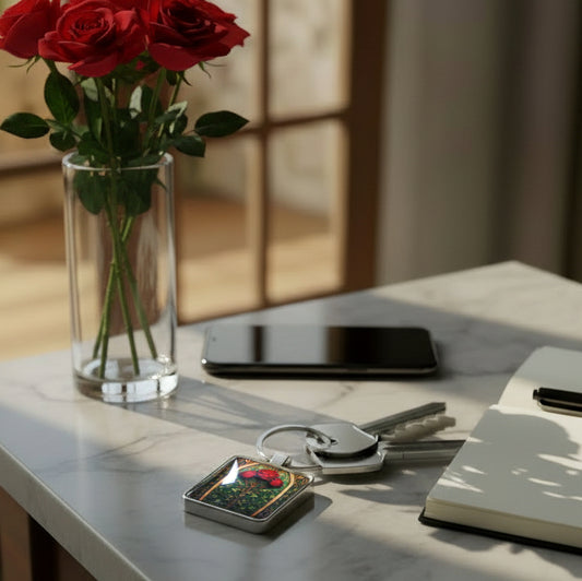 Keychain with a rose design on a table with mobile phone, notepad, and vase of roses
