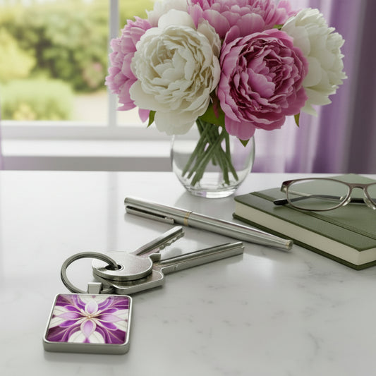 Keychain with a purple and white floral design sitting on a table