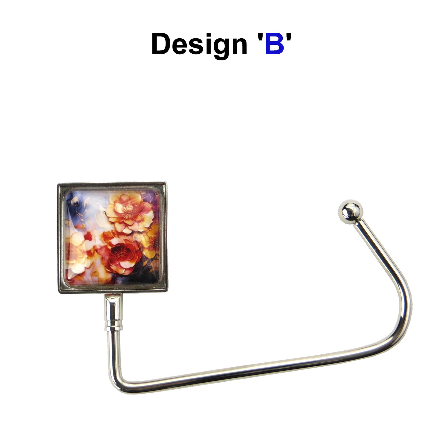 Handbag hook with glass domed image for hanging accessories on tables, ledges, and shelves