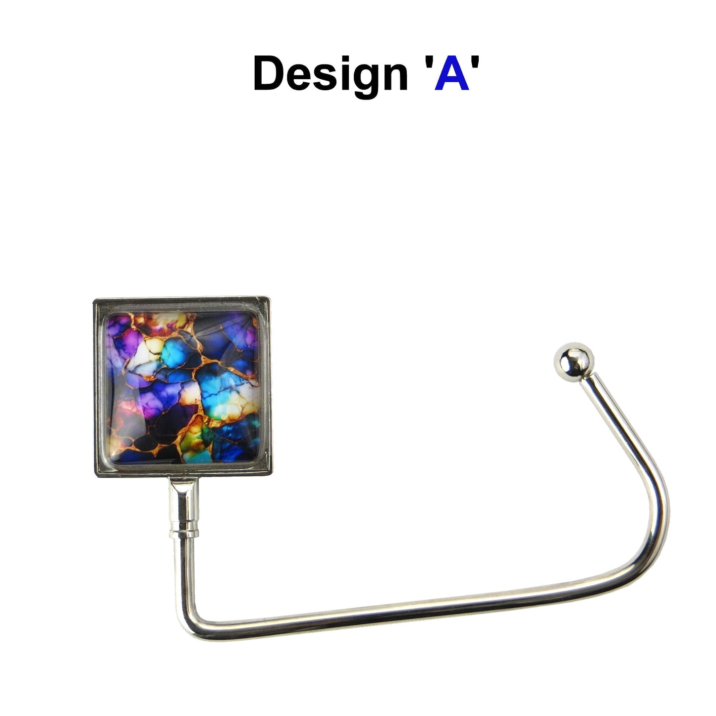 Handbag hook with glass domed image for hanging accessories on tables, ledges, and shelves