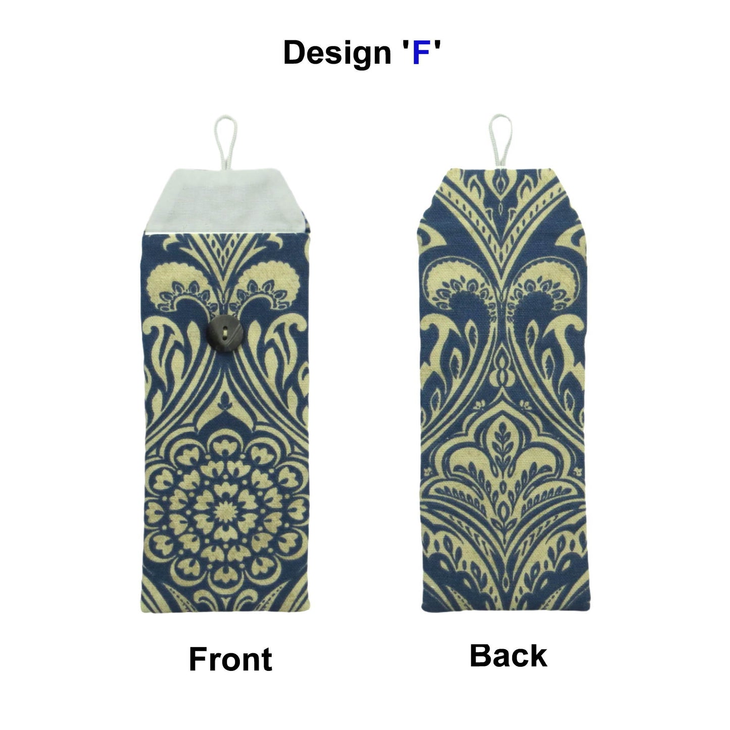 Eyeglass pouch with blue and tan damask pattern