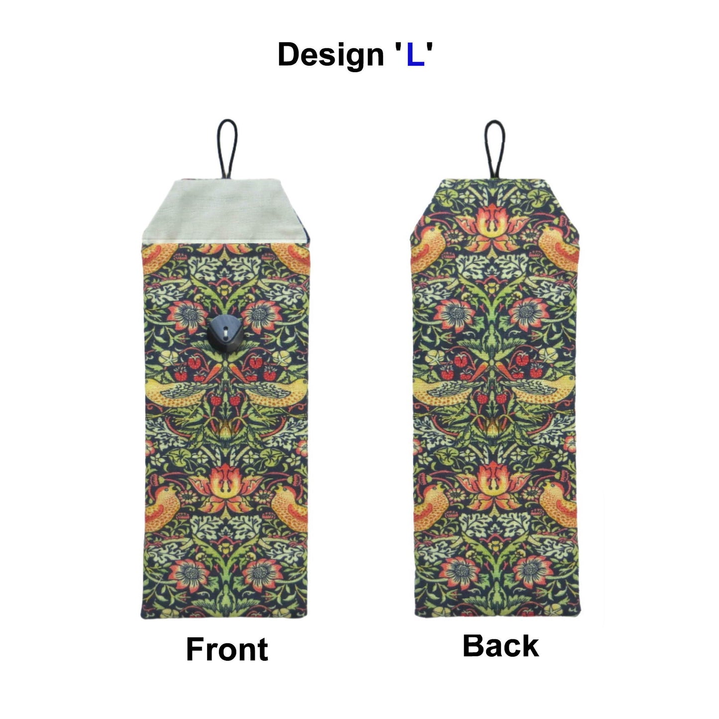 Soft padded eyeglass pouch with blue, orange, and green William Morris style birds and berries pattern
