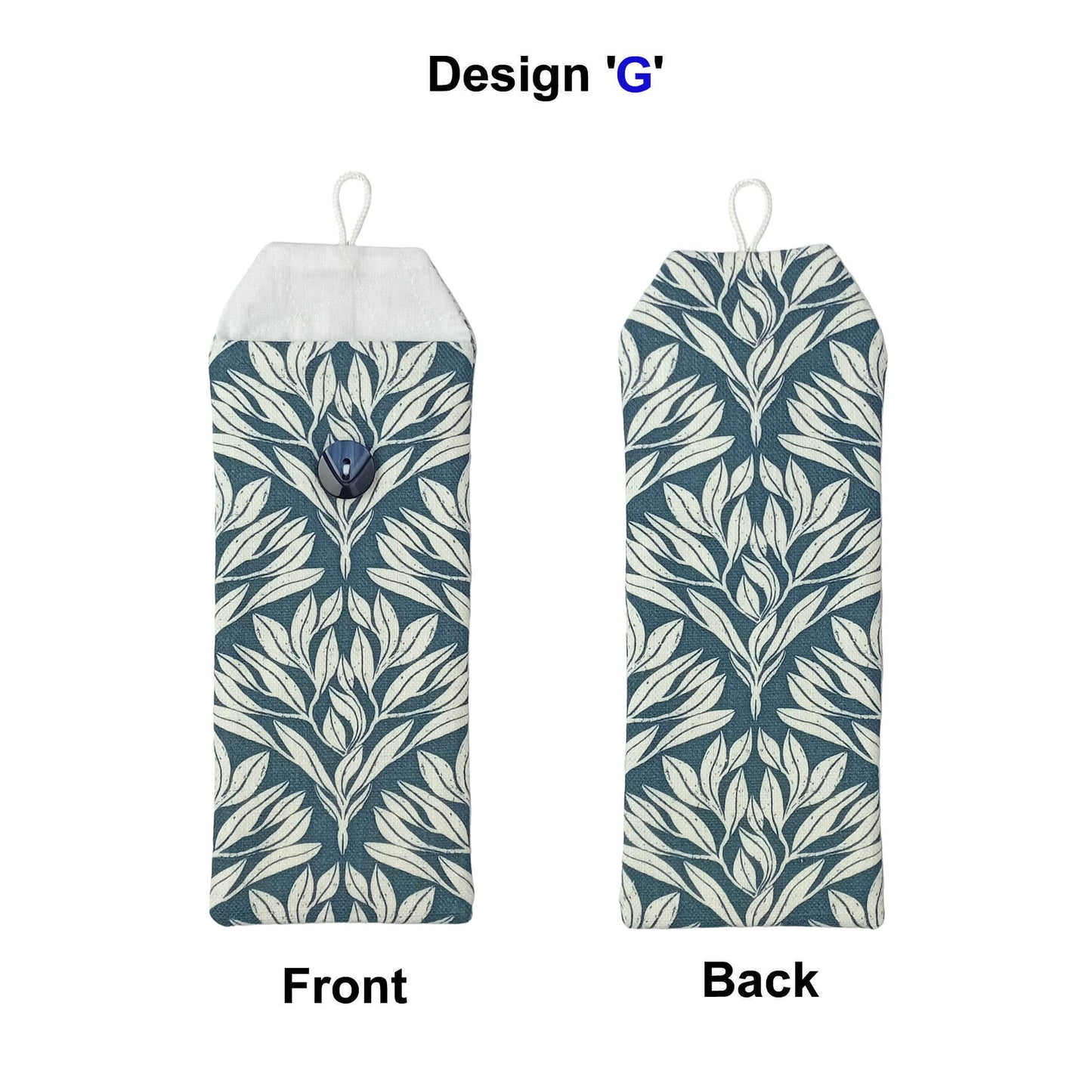 Soft padded eyeglass pouch with a white and blue leaf pattern