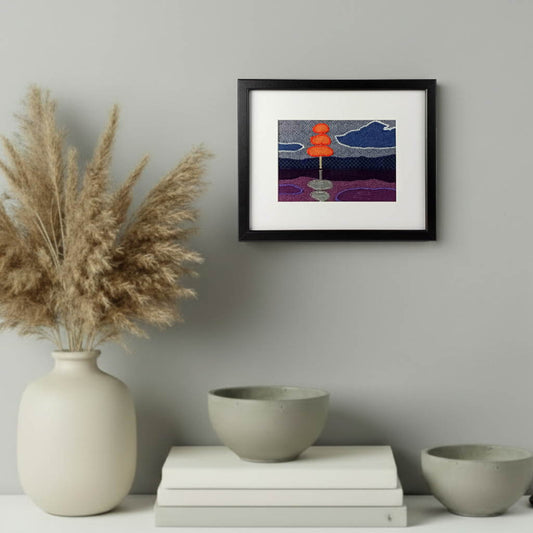Framed fabric landscape scene with a stylised tree and lake
