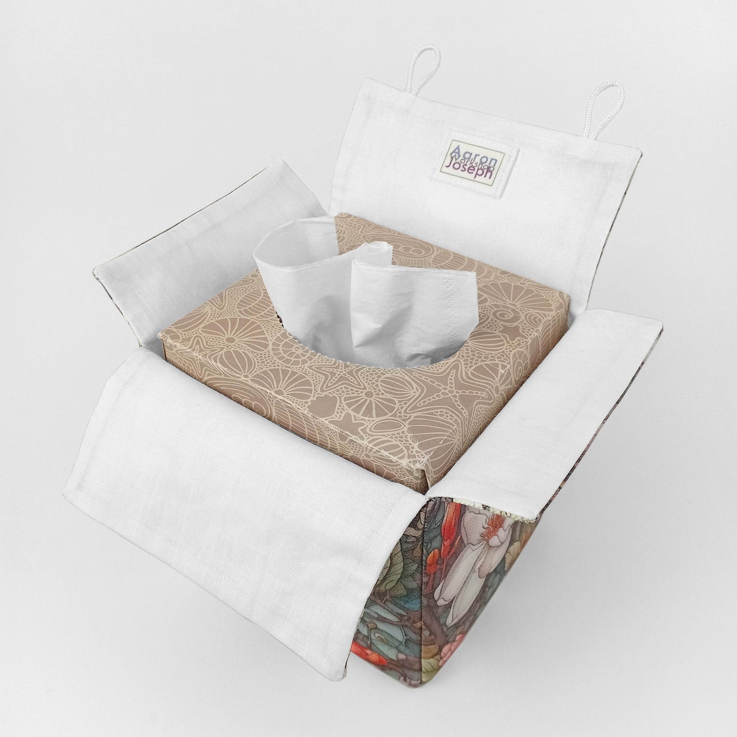Interior view of square linen tissue box cover