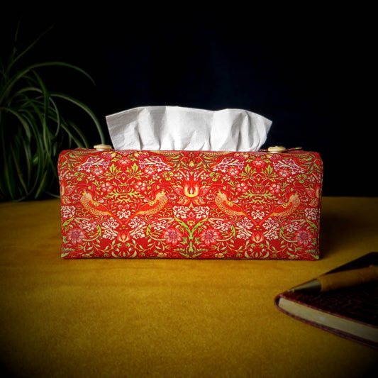 Rectangular Fabric Tissue Box Cover - Birds and Berries on Red Design