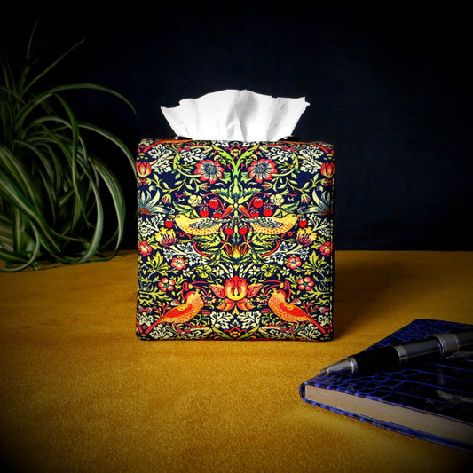 Cube Fabric Tissue Box Cover - Birds and Berries on Midnight Blue Design