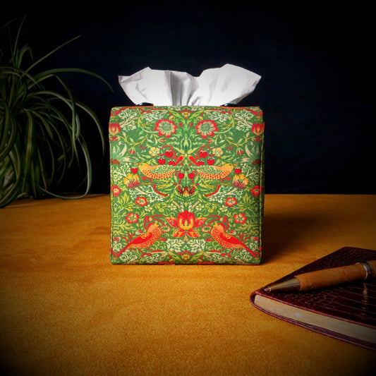 Cube Fabric Tissue Box Cover - Birds and Berries on Green Design