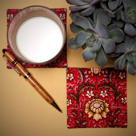 Square Fabric Coaster Set of 2 - Red Flowering Vines