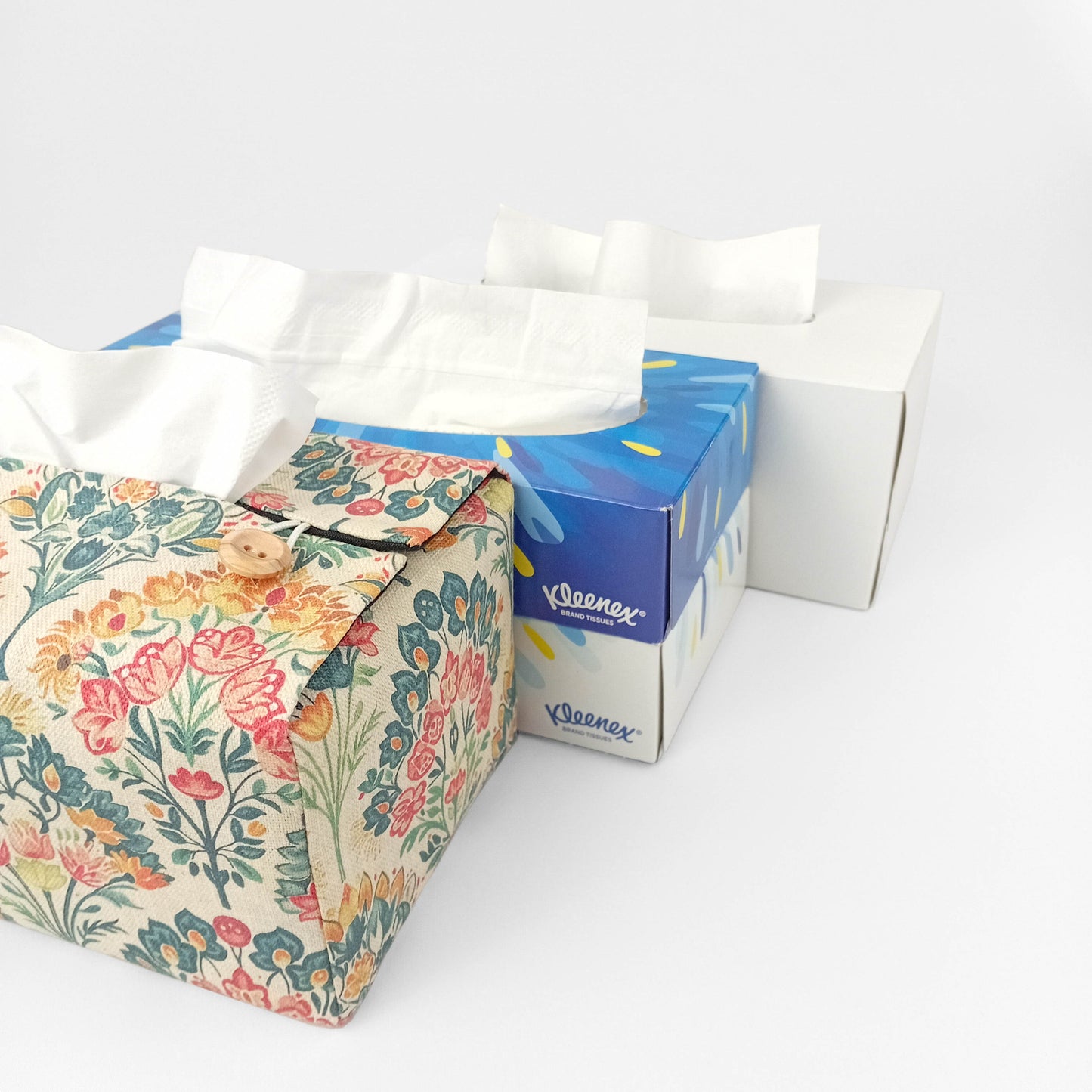 Linen tissue box cover with tissue box options