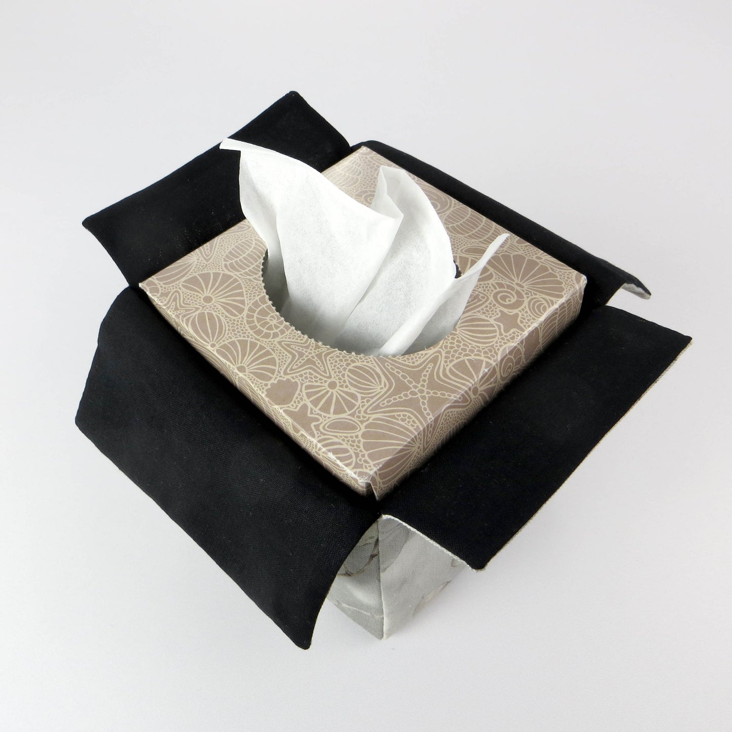 Interior view of printed cotton square tissue box cover