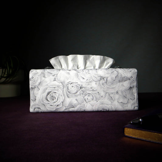 Rectangular Fabric Tissue Box Cover - Light Grey Bed of Roses