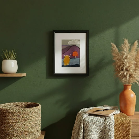 Framed fabric art hanging on a green wall with a shelf, table, and plants