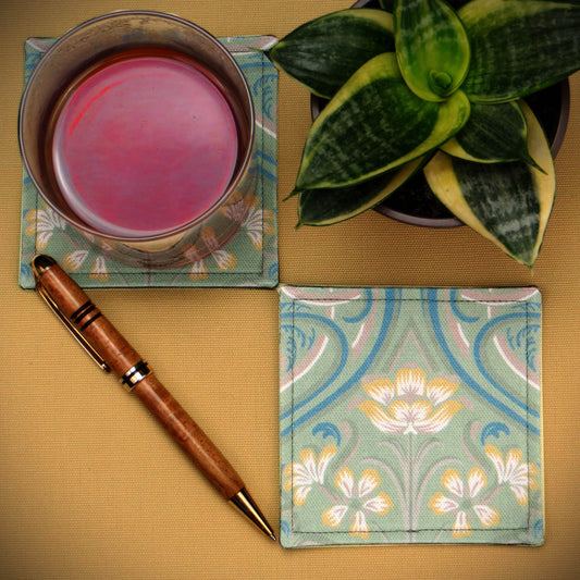 Square Fabric Coaster Set of 2 - Sage Victorian Design