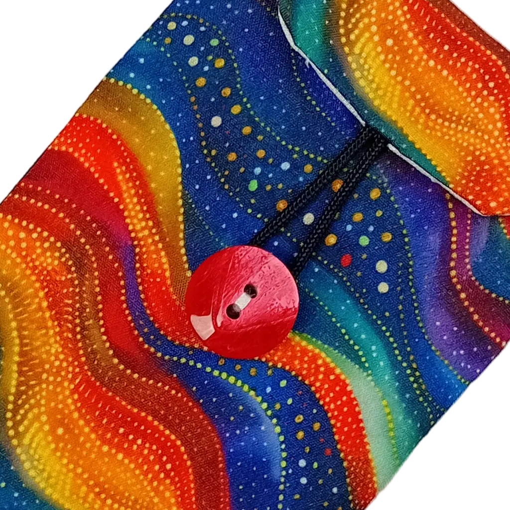 Close up of colourful padded eyeglass pouch with button closure
