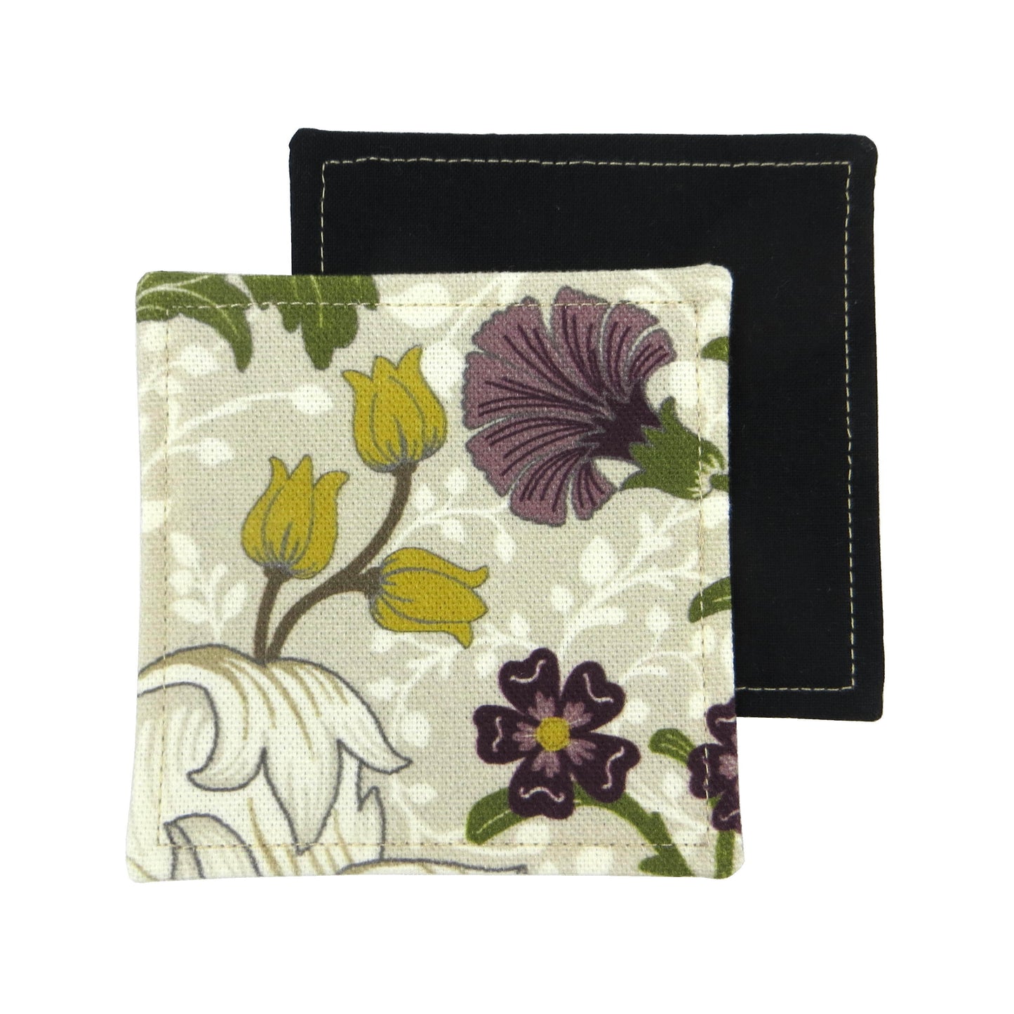 Set of 2 handmade coasters with a white magnolia flower design with accents of green, yellow, and purple