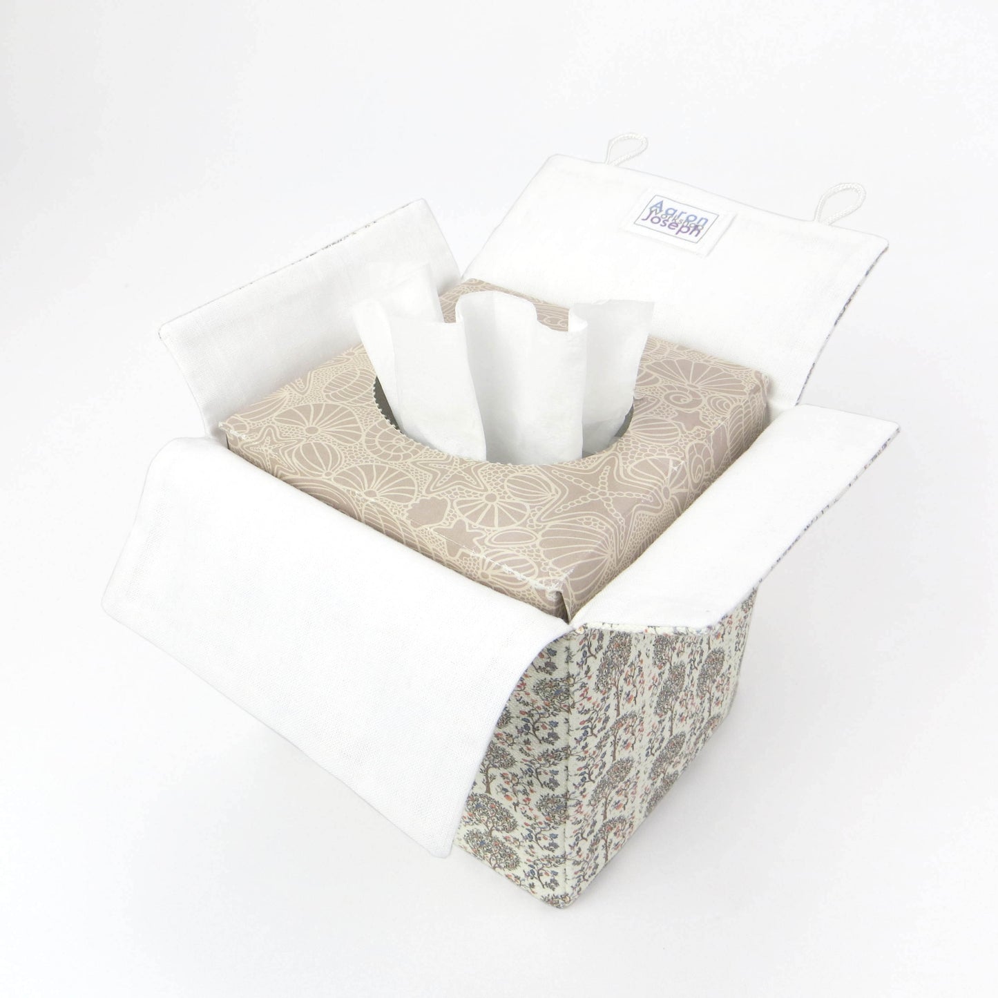 Linen square tissue box cover with a mini orchard grove pattern