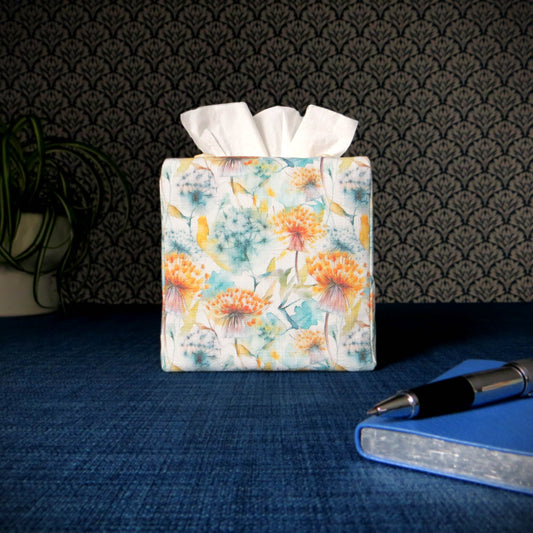 Cube Fabric Tissue Box Cover - Watercolour Dandelion Design on Linen