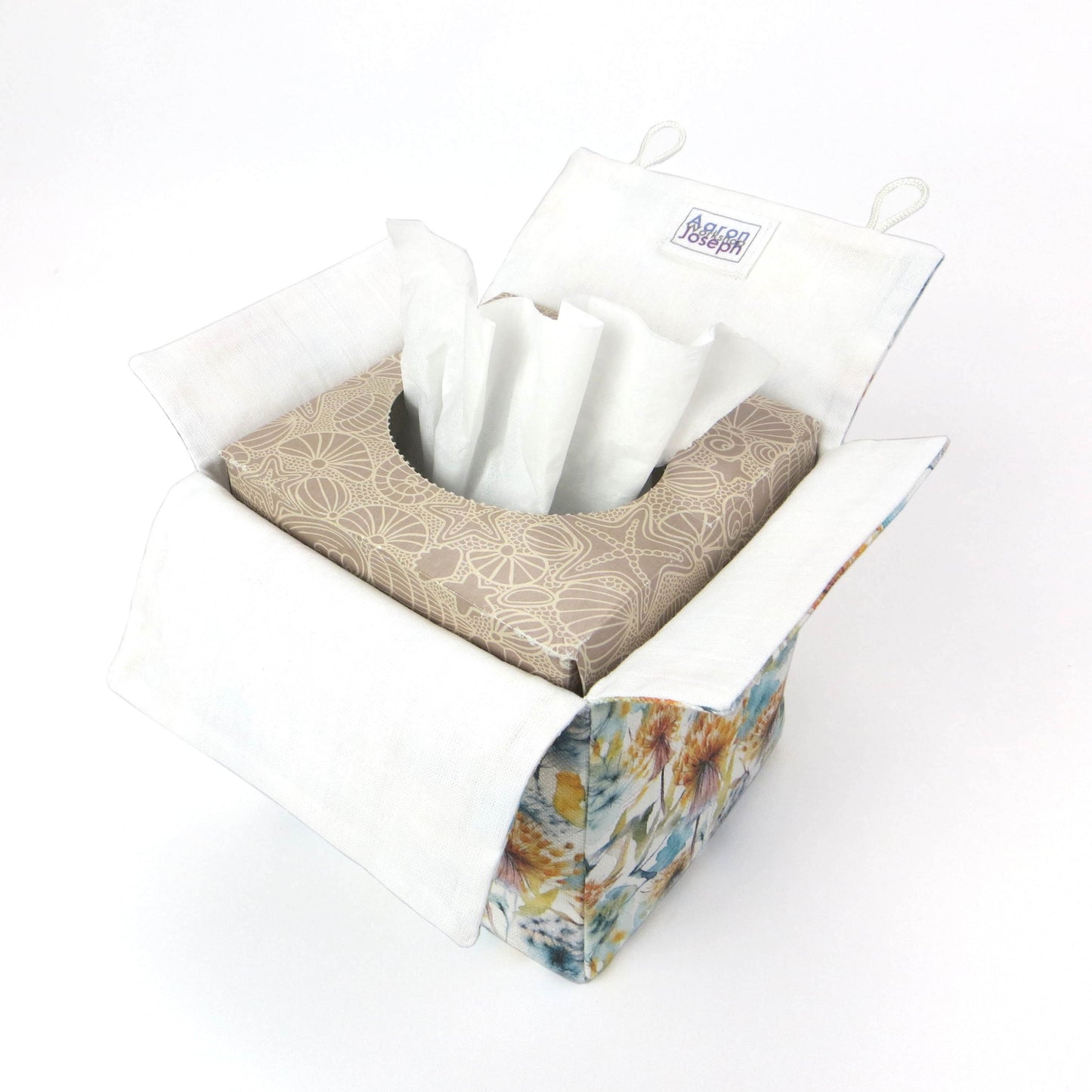 Linen square tissue box cover with watercolour-style dandelion design in yellow and blue