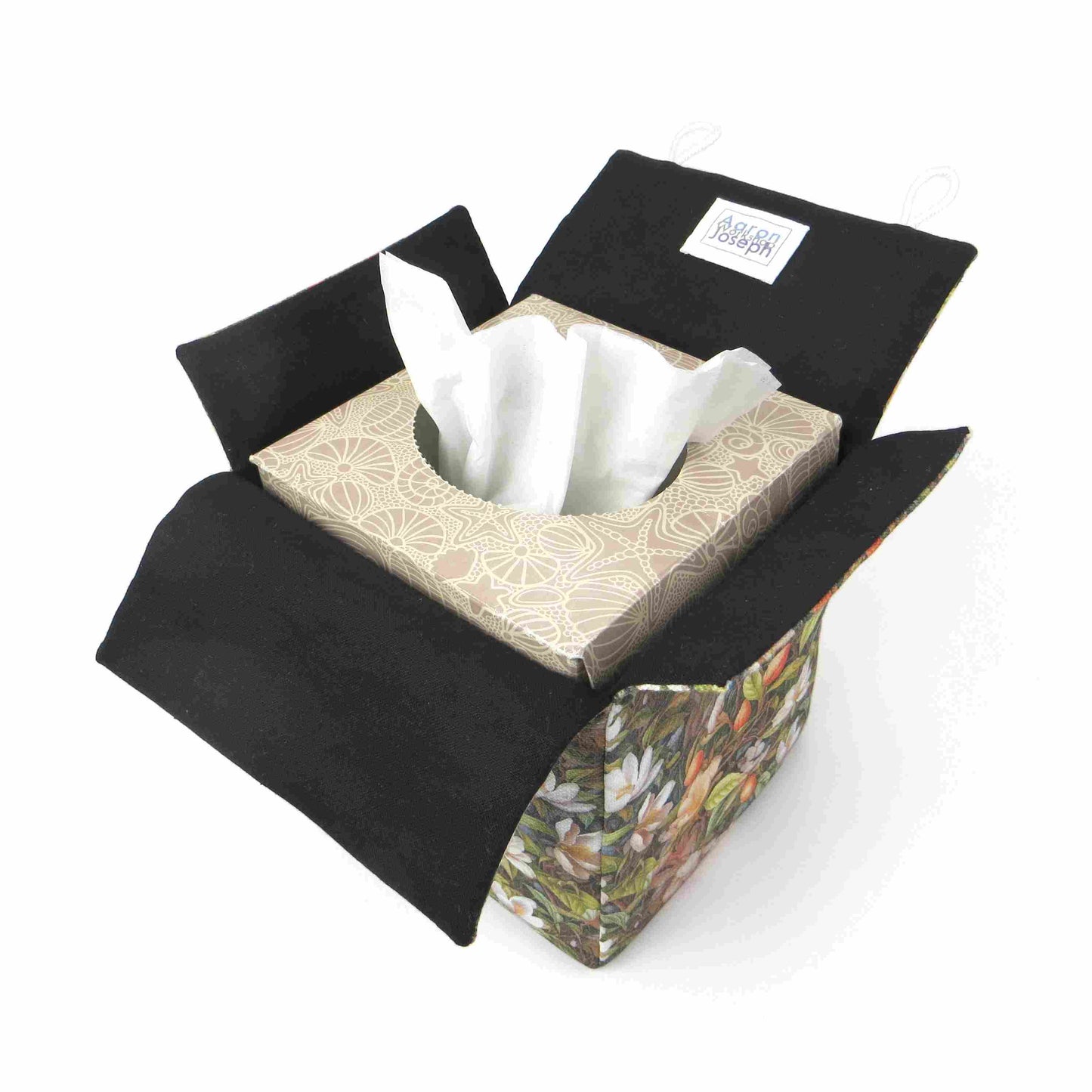 Linen square tissue box cover with a floral forest design