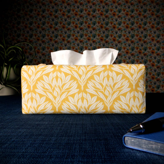 Rectangular Fabric Tissue Box Cover - Leaf Motif on Yellow Linen