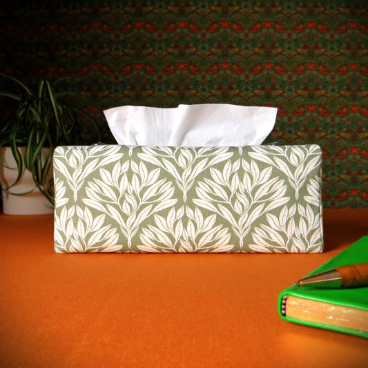 Rectangular Fabric Tissue Box Cover - Leaf Motif on Sage Green Linen