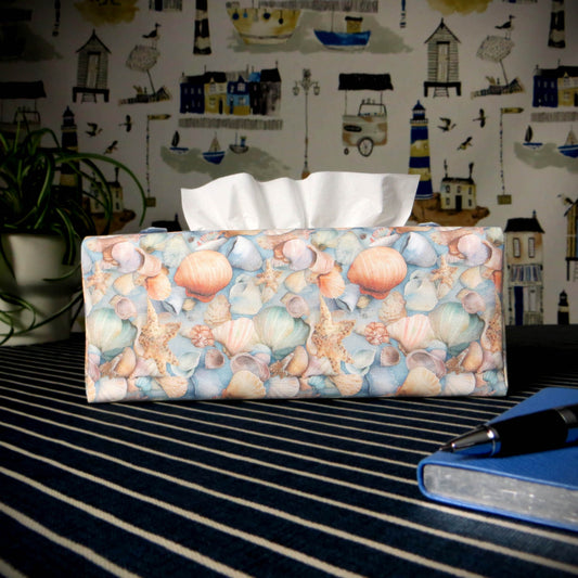 Rectangular Fabric Tissue Box Cover - Seaside Seashells