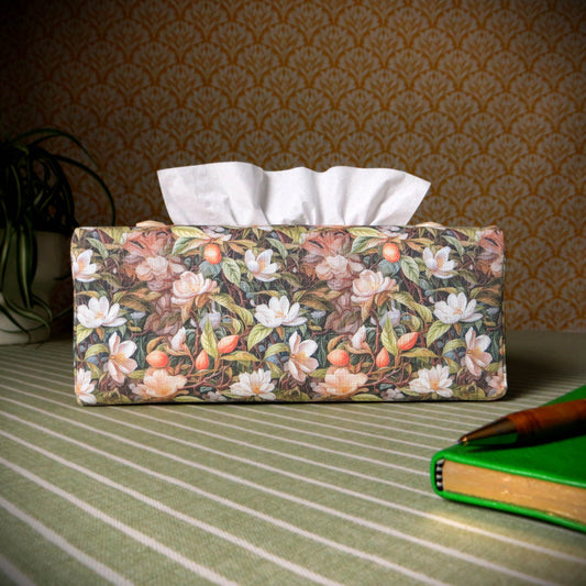 Rectangular Fabric Tissue Box Cover - Floral Forest Design on Linen