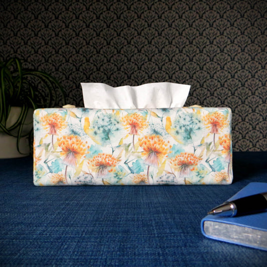 Rectangular Fabric Tissue Box Cover - Watercolour Dandelion Design on Linen