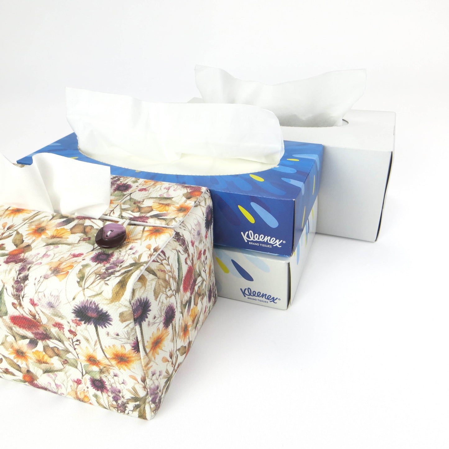 Linen rectangular tissue box cover with colourful wildflowers in a watercolour-style design