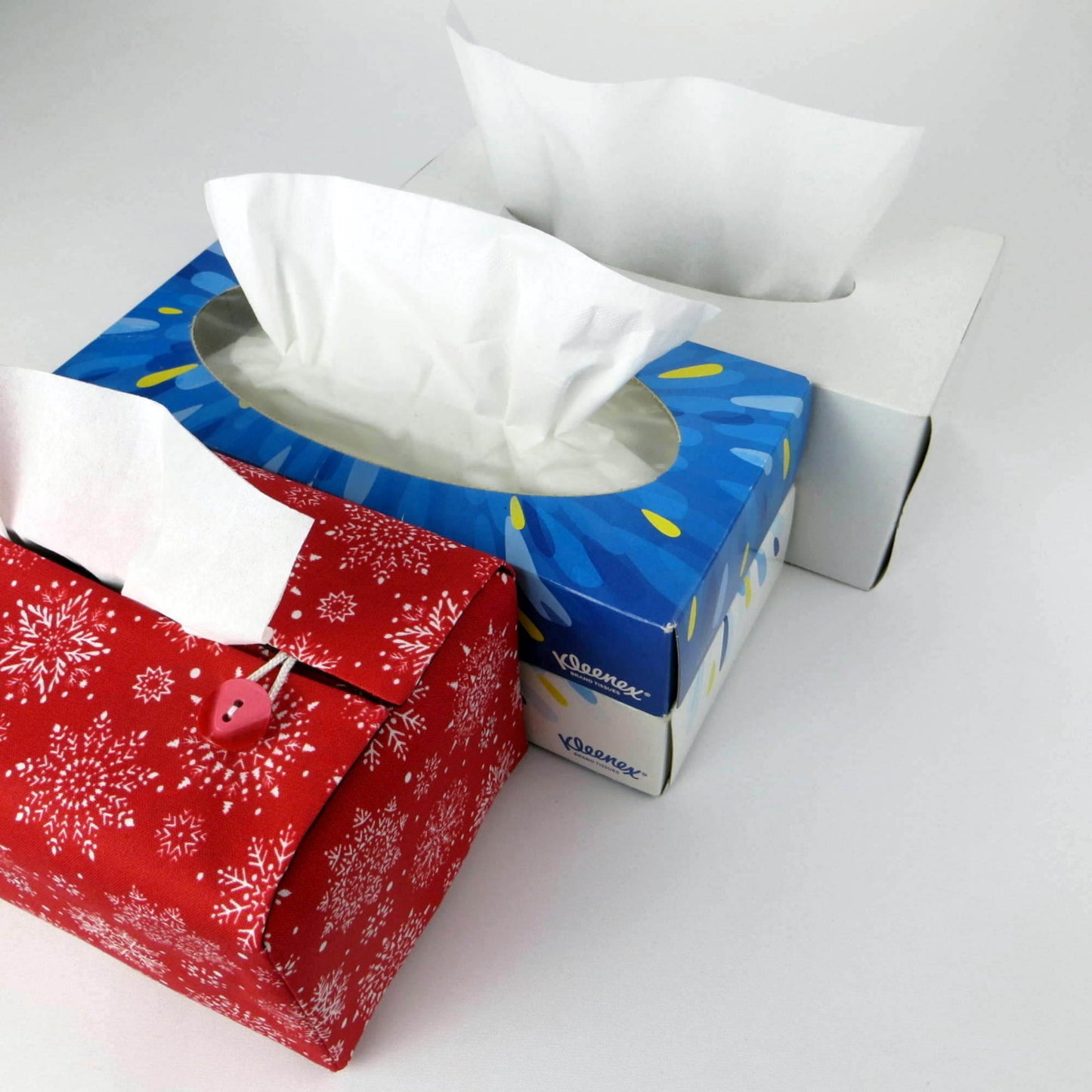 Rectangular Fabric Tissue Box Cover - Snowflakes on Red Christmas Design