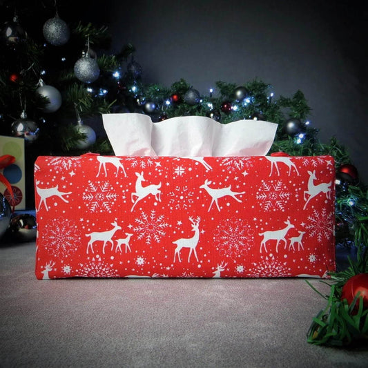 Rectangular Fabric Tissue Box Cover - Reindeer on Red Christmas Design