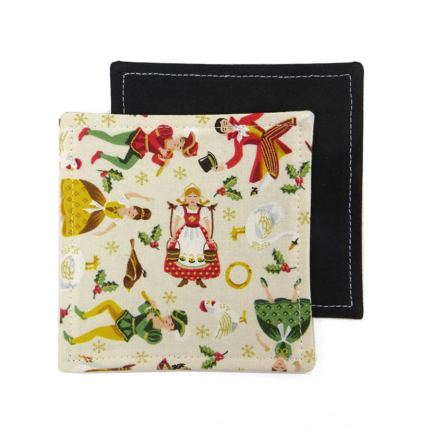 Square coasters with holiday themed multi colour icons of the 12 Days of Christmas on off-white background