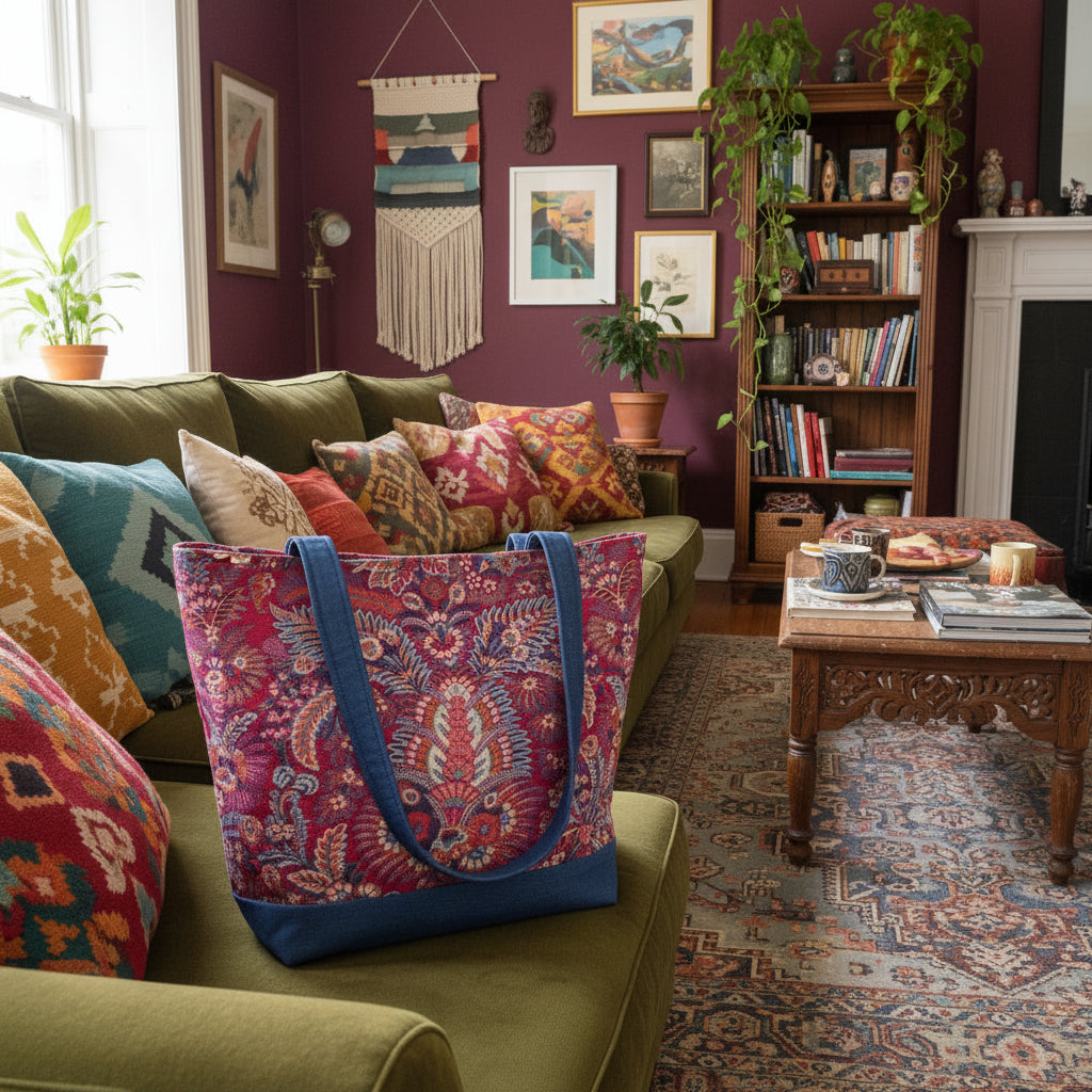 Large tote bag with multi-colour floral pattern, solid blue denim colour base sitting on a sofa in an eclectic living room