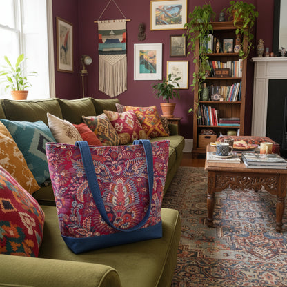 Large tote bag with multi-colour floral pattern, solid blue denim colour base sitting on a sofa in an eclectic living room